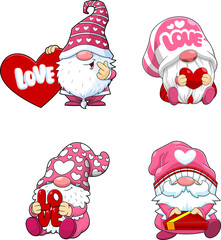 Cute Gnomes Lover Cartoon Characters In Different Poses. Vector Hand Drawn Collection Set Isolated On Transparent Background
