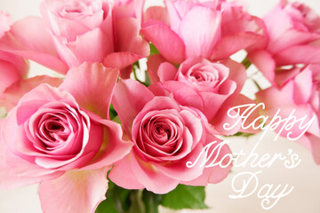 Fototapeta na wymiar Happy mother's day pink rose background with texts. Pink floral background with Happy mother's day lettering for greeting, message card, banner and design. 