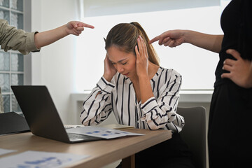 Frustrated employee intern unfair reprimand rebuke, suffers from bad attitude at work. Emotional...