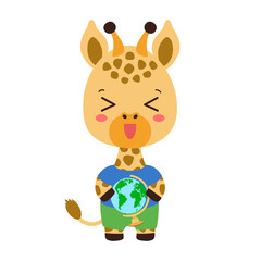 School student giraffe holding a globe. Social studies learning. Elementary pupil little giraffe kawaii animal. Primary school geography subject vector. Education clipart.