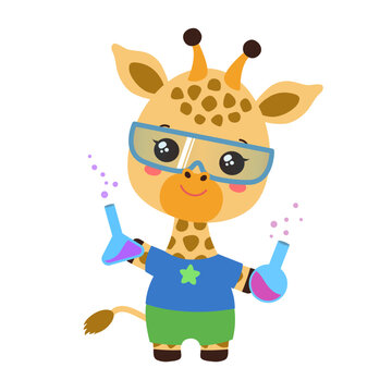 giraffe scientist wearing goggles holding flasks clip art preview