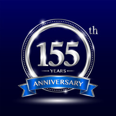 155th Anniversary logo with retro style, silver color ring design and blue ribbon for anniversary celebration event. Logo Vector Template