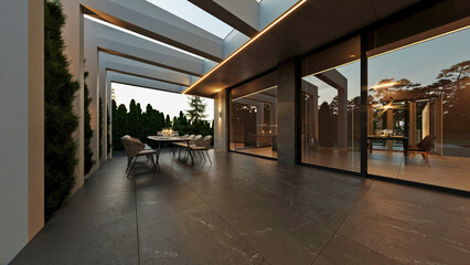Fototapeta premium 3D visualization of a modern terrace near the house. beautiful landscaping
