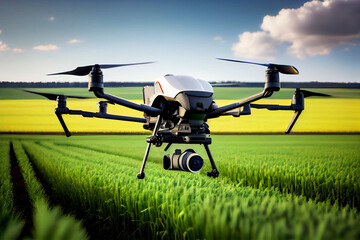Drone flies in the sky over rice and wheat fields, technology in the agricultural business, automatic crop management, green technology of the future Generative AI