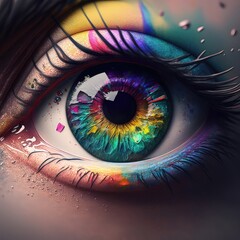 The human eye looking into the camera with a yellow-blue iris. Colorful drawing, dark background, saturated colors, glare, high resolution, illustrations, art. AI