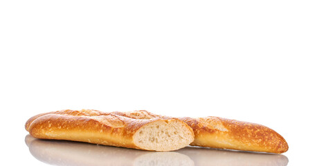 One whole and one half aromatic baguette, macro isolated on white background.