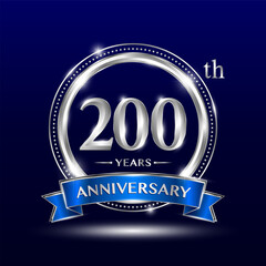 200th Anniversary logo with retro style, silver color ring design and blue ribbon for anniversary celebration event. Logo Vector Template