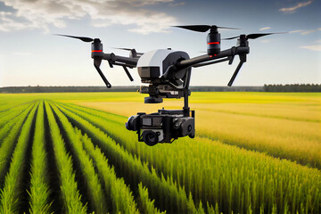 Drone flies in the sky over rice and wheat fields, technology in the agricultural business, automatic crop management, green technology of the future Generative AI