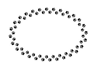 Frame paw pattern. Cute oval border dog or cat. Black footprint boarder isolated on white background. Mark animal frames. Silhouette step for design prints. Footmark lines. Vector illustration