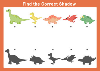 Shadow matching game for kids.  Educational game for children. Find The Correct Shadow Dinosaur. 