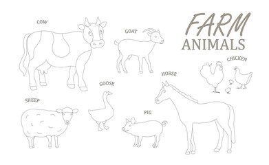 Farm animals, cow, pig, horse, sheep. goat, chicken, goose, poultry, sketch style set with animals isolated on white background, realistic animal products