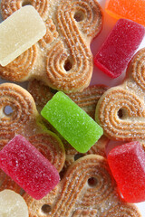 colorful jelly candies and cookies