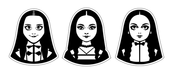 Vector set of black and white portraits of teenage girls with long hair, with pigtails. Young goth lady. Logos or stickers on an isolated background.