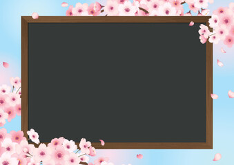 桜と黒板の手描きイラストフレーム　横　空あり