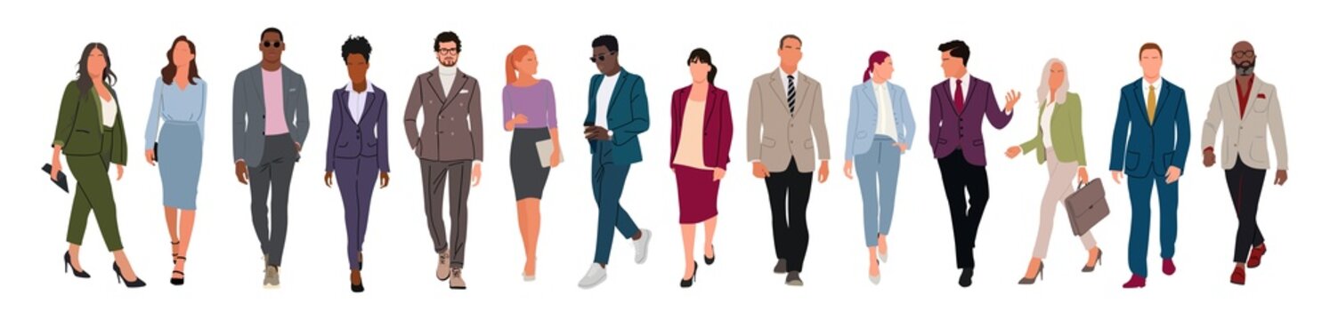 Business people walking. Illustration of diverse cartoon men and women of various ethnicities, ages and body type in office outfits. Different business characters. Transparent background. PNG. Sticker