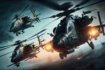 Attack helicopter formation on the battlefield, war zone, Generative AI