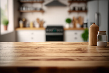 Close up photography of empty wooden table with blurred kitchen interior background, industrial style, Generative AI
