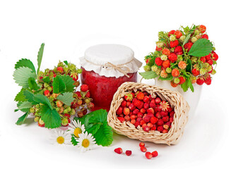 strawberry branches, jam on a wooden board