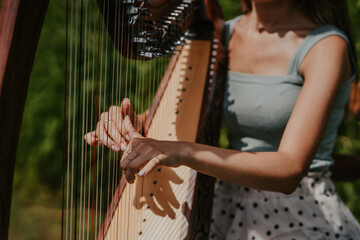 hands of the woman playing a harp. symphonic orchestra. harpist
