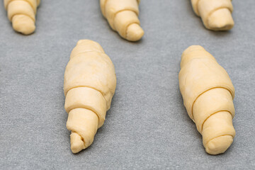 croissant from raw dough lies on a baking sheet