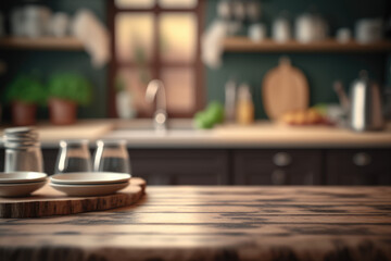 Obraz na płótnie Canvas Close up photography of empty wooden table with blurred kitchen interior background, industrial style, Generative AI