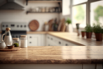 Naklejka na ściany i meble Close up photography of empty wooden table with blurred kitchen interior background, industrial style, Generative AI