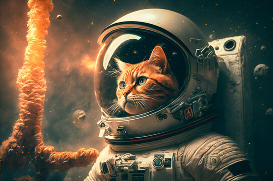 Astronaut cat. Cute cat wearing an astronaut suit. Created with Generative AI technology.