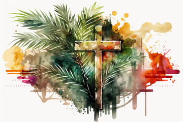 Palm sunday background. Cross and palm watercolor Generative AI