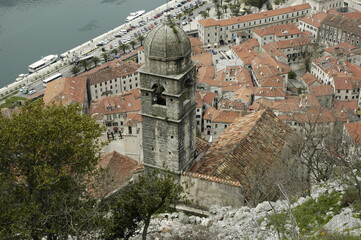 Fototapeta na wymiar Kotor, Montenegro. Campanile della Chiesa di Nostra Signora del Rimedio