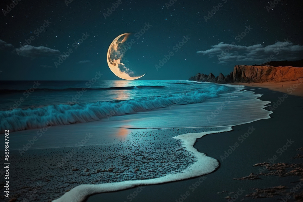 Wall mural moon over the sea.Generative Ai