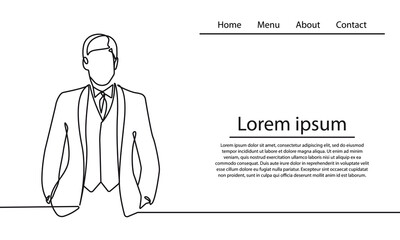 Businessman Continuous One Line Drawing Landing Page Template. Business Concept One Line Illustration. Businessman Line Abstract Portrait Minimalist Contour Drawing. Vector EPS 10