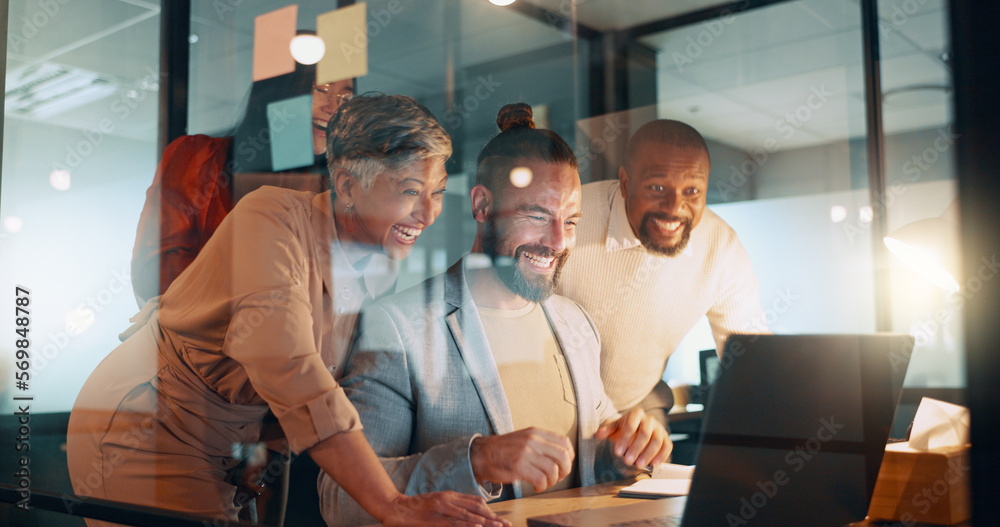 Poster collaboration, success and a business team cheering together in their office while working on a lapt