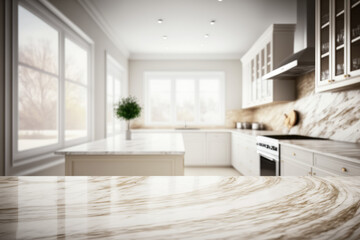 Empty marble table top, against a blurred minimalist kitchen background, Generative AI