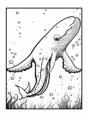 Vector illustration of coloring page. Sea animals: Whale. Educational game for children coloring book.