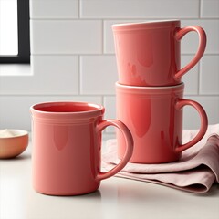 A pink mug on the white counter in the kitchen and two pink mugs stacked on top of each other. White brick-like tiled walls. Designed using generative AI and image-editing software.