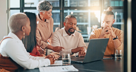 Laptop, digital agency or business people in a meeting with leadership, team work or creative...