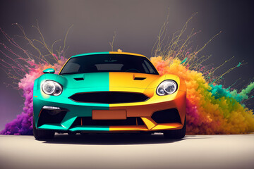 Abstract top premium sportcar unically painted, in multicolor fog. AI generated, this is not real existing model - obrazy, fototapety, plakaty