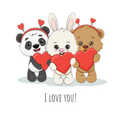 valentines card with teddy bear,cartoon bunny and panda cub with hearts.I love you.Vector illustration