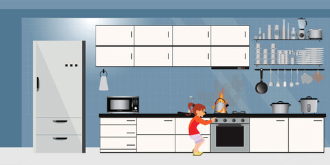 Dangerous accident with child playing in home kitchen.