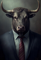 Portrait of a business bull. AI generated.