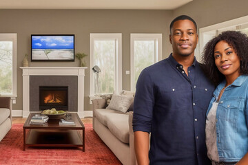 Young black couple smiling contentedly in a conservatively furnished living room with a fireplace, made with generative AI