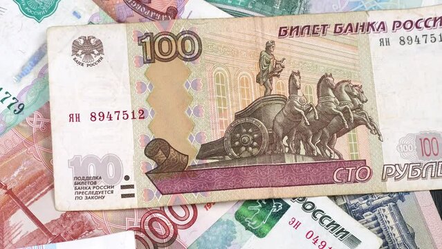 All Russian Ruble Bills Macro View Stop Motion Background. RUB cash close-up and texture of bill. Money sequence. Bills dollar transition. Concept Finance Economy Business Investment Success Currency