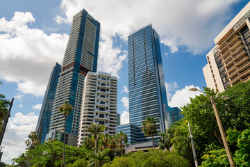 Fototapeta premium Large white puffy clouds above the condominium buildings with trees at Miami, Florida. Low angle view of trees and modern multi-storey residential buildings.