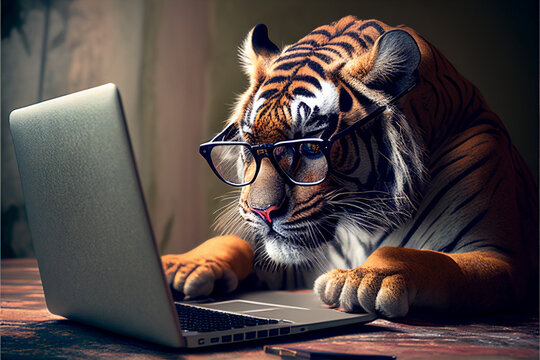 Business Tiger in glasses uses a laptop. AI generated.