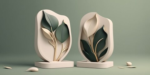 Eucalyptus leaves are depicted on two abstract white podiums on a beige background. mock up stand for displaying products. minimal in scope. advertisement model. Generative AI