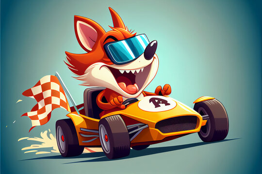 Fox cub driving a racing car. AI generated