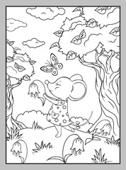Cute mouse with a butterfly on a summer lawn. Coloring page.
