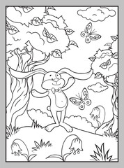Cute bunny with a butterfly on a summer lawn. Coloring page.