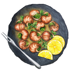 Bourgogne Escargot Snails on a black stone plate. Watercolor illustration © Світлана Вільгаук