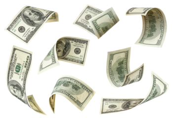 Set of flying one hundred dollars bills isolated